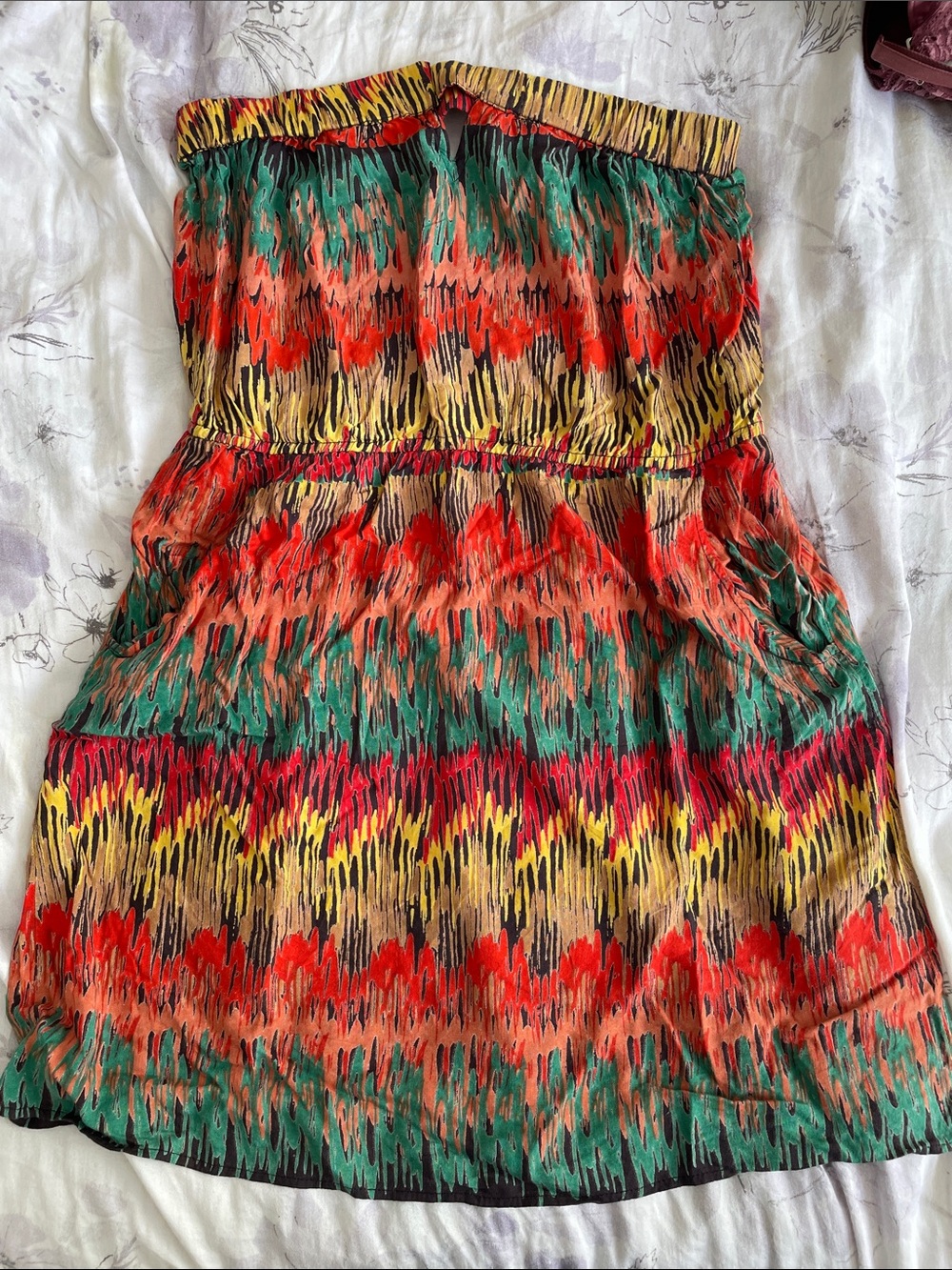 Strapless Multicolor Summer Dress - Vibrant Red, Green & Yellow Pockets